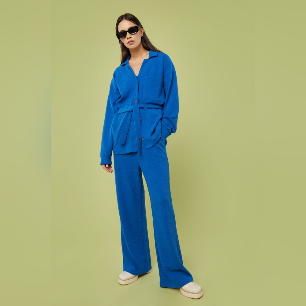 OAK + FORT Rib-Knit Button Up Top In Classic Blue Size S